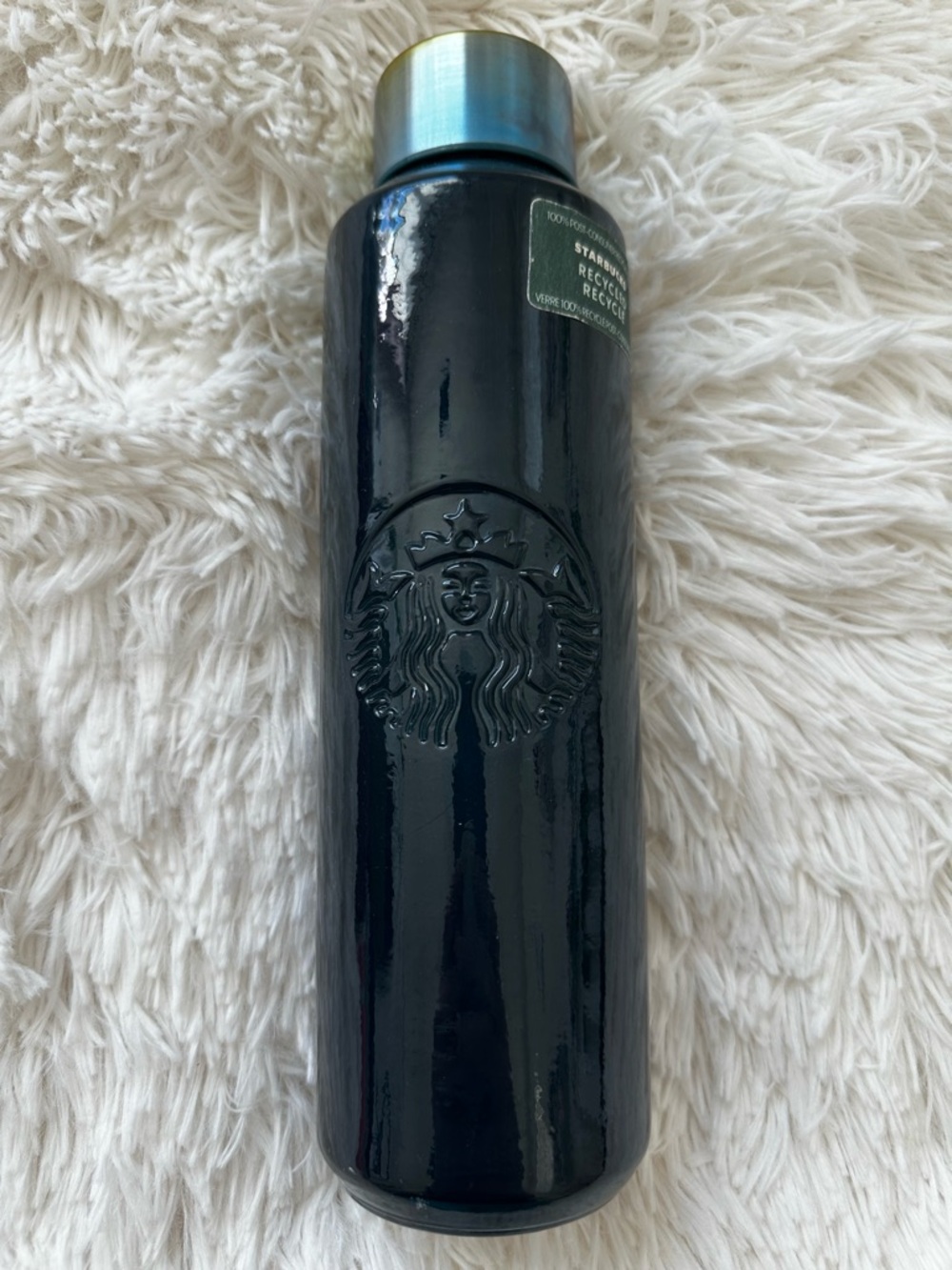 STARBUCKS Dark Blue Glass Water Bottle 22 oz Siren Logo Silver Lid New